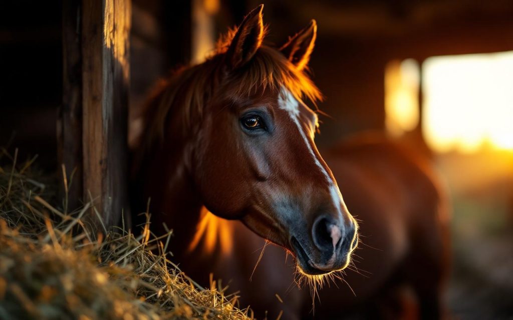 Cheval de sport dans un box près d'un filet à foin, montrant des signes de stress (oreilles tendues, naseaux dilatés, légère sueur), lumière chaude de coucher de soleil et ombres marquées.