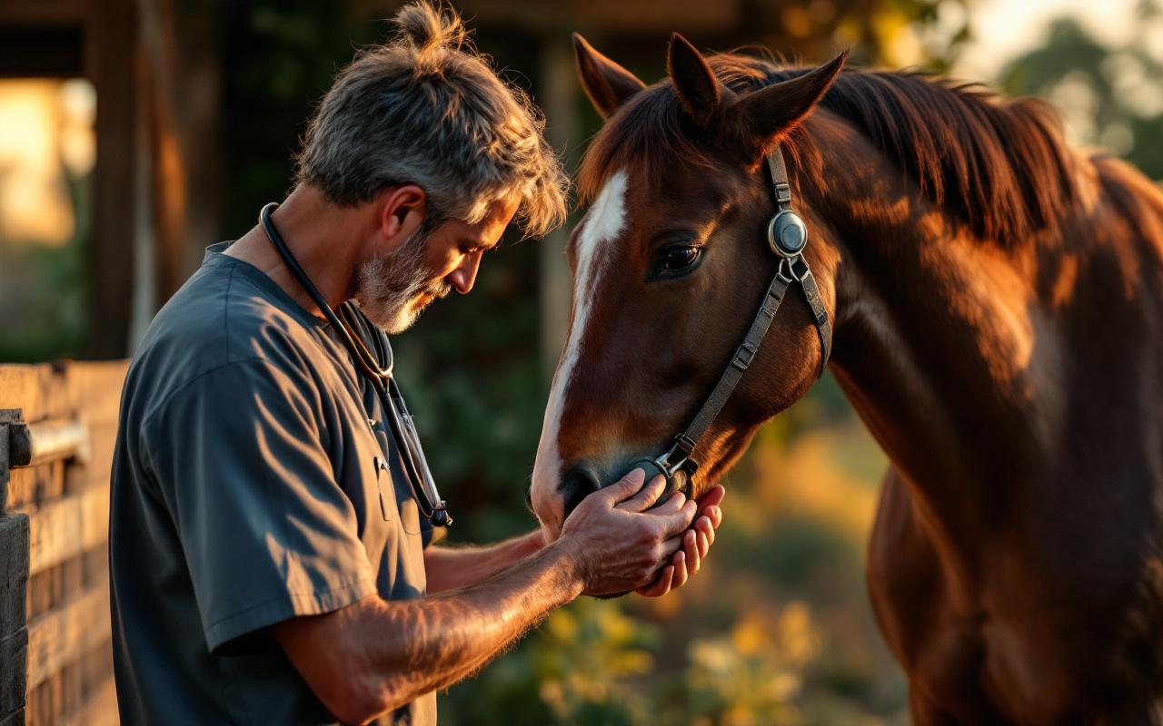 Un vétérinaire examine la zone abdominale d'un cheval dans une écurie/pâturage naturel, le propriétaire calme à côté, le cheval détendu, lumière chaude de fin d'après-midi, couleurs terreuses et vertes, ambiance réaliste et sereine.