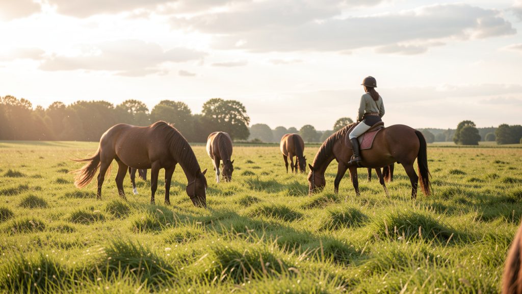 Un cavalier observe calmement plusieurs chevaux qui paissent dans un pré vert, sous une lumière dorée et une ambiance rurale paisible.