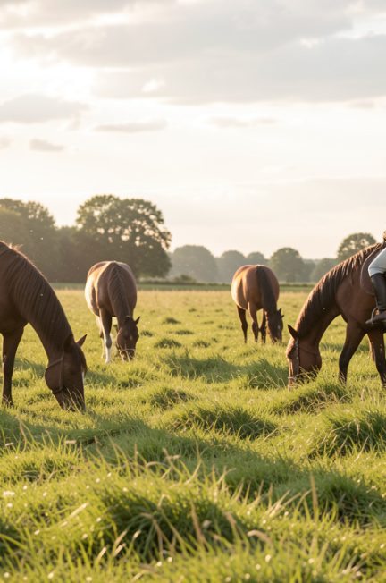 Un cavalier observe calmement plusieurs chevaux qui paissent dans un pré vert, sous une lumière dorée et une ambiance rurale paisible.