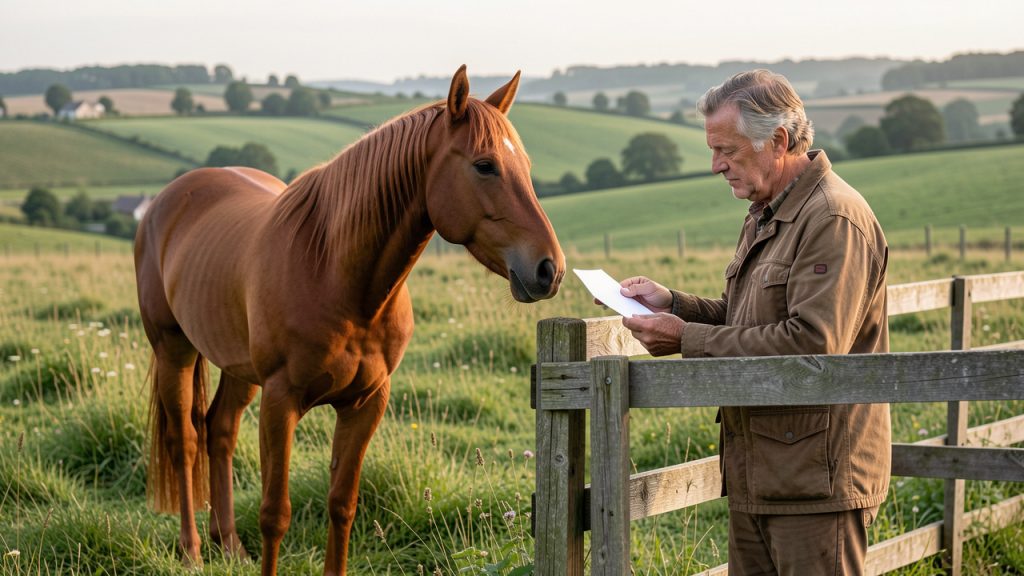Cheval adulte dans un pré verdoyant aux côtés de son propriétaire consultant des documents vierges, dans un paysage rural français baigné de lumière douce.