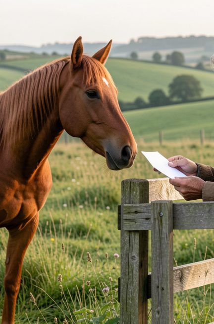 Cheval adulte dans un pré verdoyant aux côtés de son propriétaire consultant des documents vierges, dans un paysage rural français baigné de lumière douce.