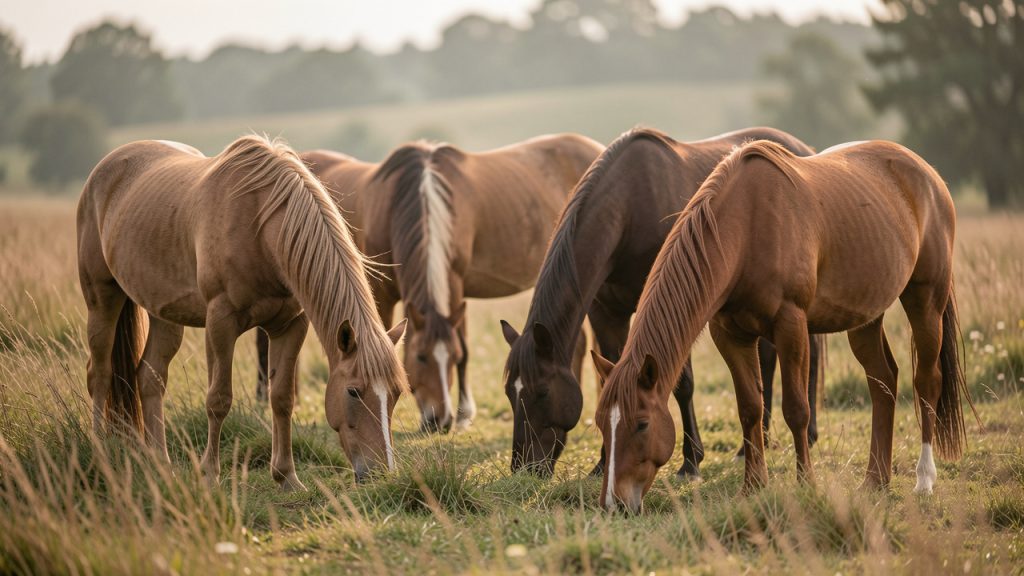 Plusieurs chevaux de races différentes paissent tranquillement dans un pré, sous une lumière douce et naturelle.