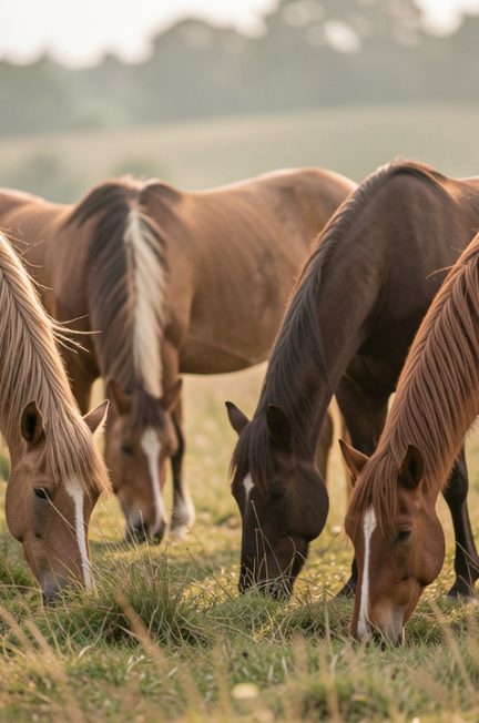 Plusieurs chevaux de races différentes paissent tranquillement dans un pré, sous une lumière douce et naturelle.
