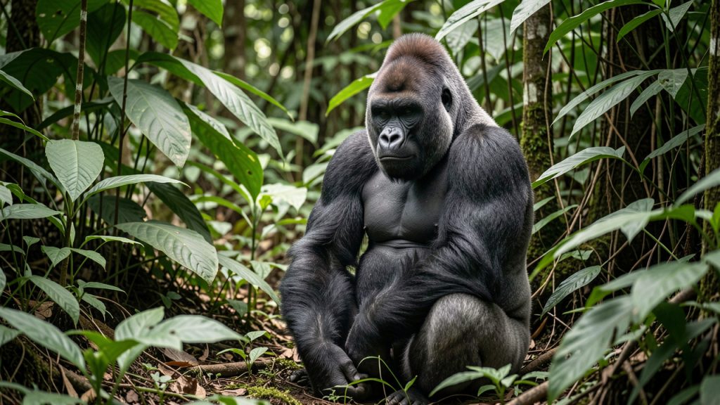 Gorille à dos argenté assis calmement dans une forêt tropicale dense de la République démocratique du Congo, sous une lumière naturelle douce.
