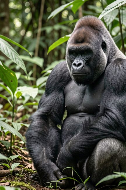 Gorille à dos argenté assis calmement dans une forêt tropicale dense de la République démocratique du Congo, sous une lumière naturelle douce.