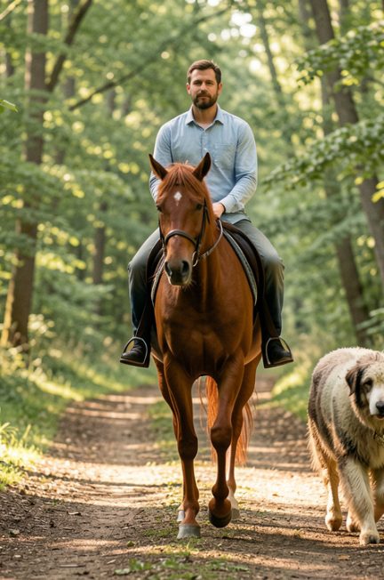 Un homme à cheval avance calmement sur un chemin forestier, accompagné d’un chien de berger attentif marchant à ses côtés.