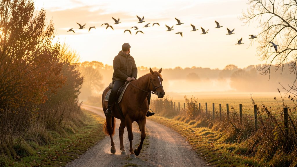 Un homme à cheval avance au pas sur un chemin de campagne à l’aube tandis qu’une formation d’oies migratrices traverse un ciel d’automne.
