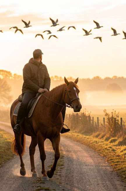 Un homme à cheval avance au pas sur un chemin de campagne à l’aube tandis qu’une formation d’oies migratrices traverse un ciel d’automne.