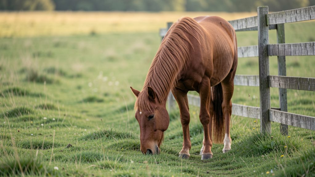 Un cheval alezan seul broute paisiblement dans un vaste pré verdoyant, près d’une clôture en bois, dans une atmosphère calme et contemplative.
