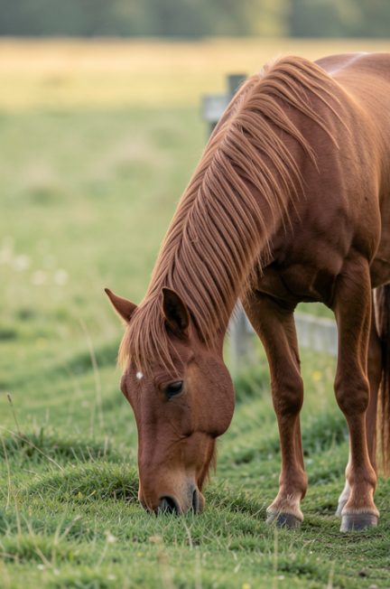 Un cheval alezan seul broute paisiblement dans un vaste pré verdoyant, près d’une clôture en bois, dans une atmosphère calme et contemplative.