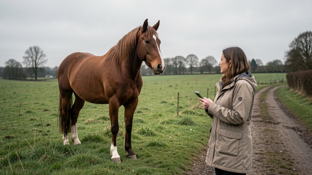 Un cheval de trait calme dans un pré verdoyant, observé depuis un chemin public par une femme tenant un téléphone.