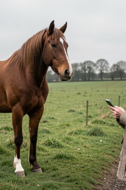 Un cheval de trait calme dans un pré verdoyant, observé depuis un chemin public par une femme tenant un téléphone.