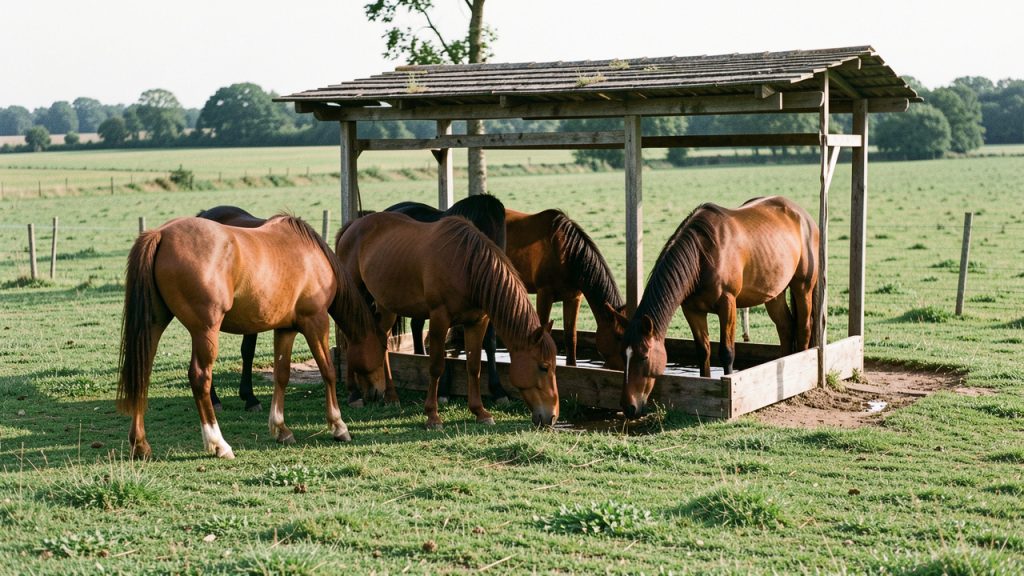 Groupe stable de chevaux de trait au pré, près d’un abri en bois et d’un abreuvoir contenant de l’eau propre.