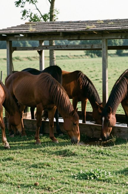 Groupe stable de chevaux de trait au pré, près d’un abri en bois et d’un abreuvoir contenant de l’eau propre.