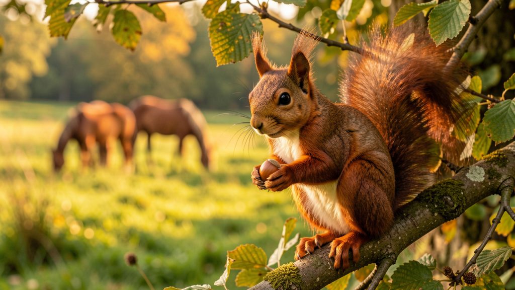 Écureuil roux tenant une noisette sur une branche de noisetier, avec une lisière verdoyante et des chevaux flous dans un pré à l’arrière-plan, sous une lumière automnale.