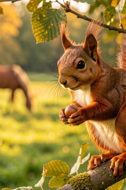 Écureuil roux tenant une noisette sur une branche de noisetier, avec une lisière verdoyante et des chevaux flous dans un pré à l’arrière-plan, sous une lumière automnale.