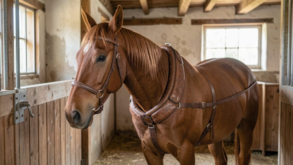 Cheval de trait alezan dans une écurie propre, avec une légère irritation visible sous son collier en cuir rembourré.