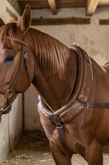 Cheval de trait alezan dans une écurie propre, avec une légère irritation visible sous son collier en cuir rembourré.
