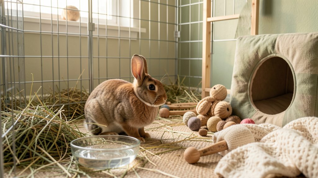 Un lapin domestique explore un espace intérieur préparé avec du foin, un enclos spacieux, une gamelle d’eau, une cachette et des jouets à ronger.