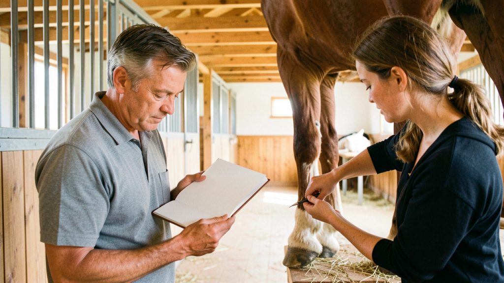 Un homme consulte un carnet vierge pendant qu’une femme cure doucement le sabot d’un cheval de trait dans une écurie lumineuse.