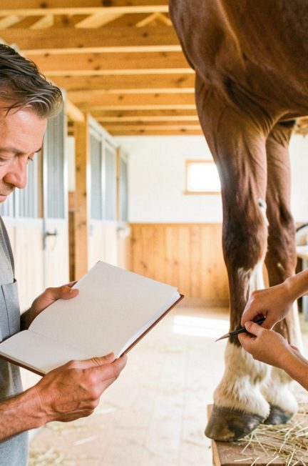Un homme consulte un carnet vierge pendant qu’une femme cure doucement le sabot d’un cheval de trait dans une écurie lumineuse.