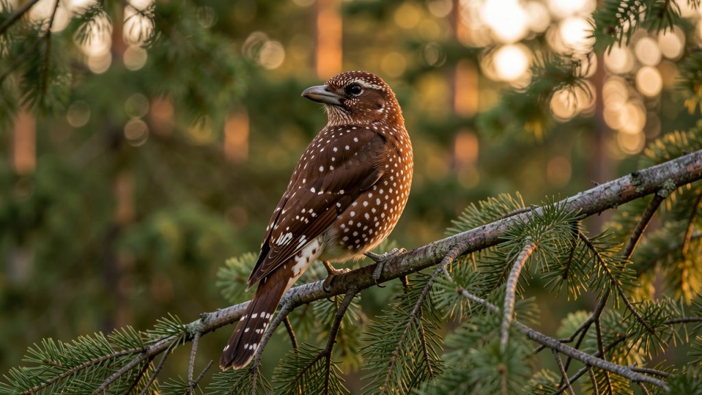 Cassenoix moucheté au plumage brun ponctué de blanc, posé sur une branche de pin dans une forêt boréale finlandaise à la fin de l’été.