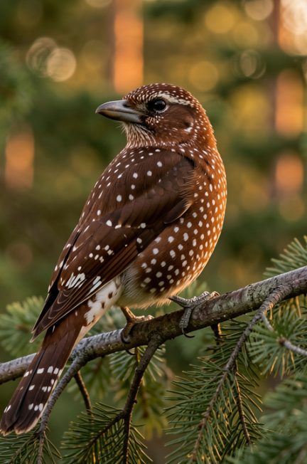 Cassenoix moucheté au plumage brun ponctué de blanc, posé sur une branche de pin dans une forêt boréale finlandaise à la fin de l’été.