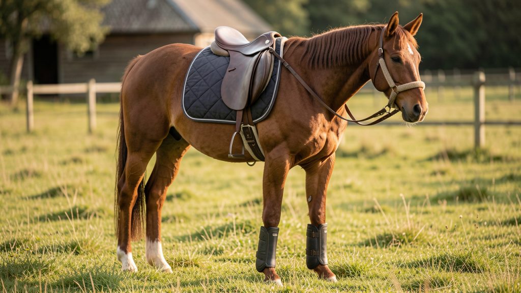 Cheval bai calme dans un paddock, équipé d’un tapis de selle respirant, de guêtres anatomiques et d’un licol doublé, éclairé par une lumière naturelle.