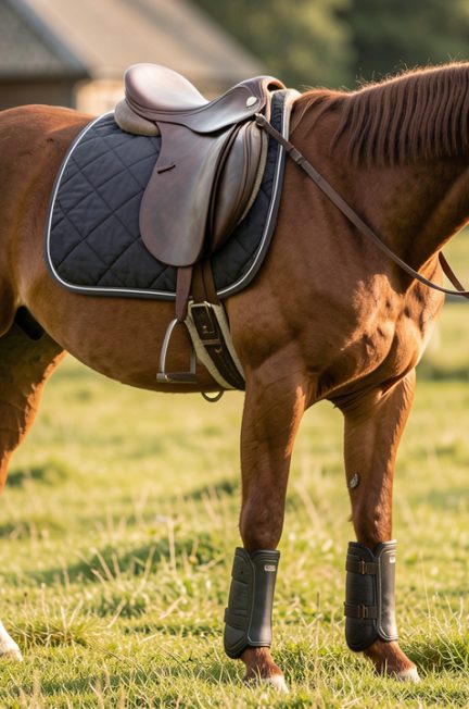 Cheval bai calme dans un paddock, équipé d’un tapis de selle respirant, de guêtres anatomiques et d’un licol doublé, éclairé par une lumière naturelle.