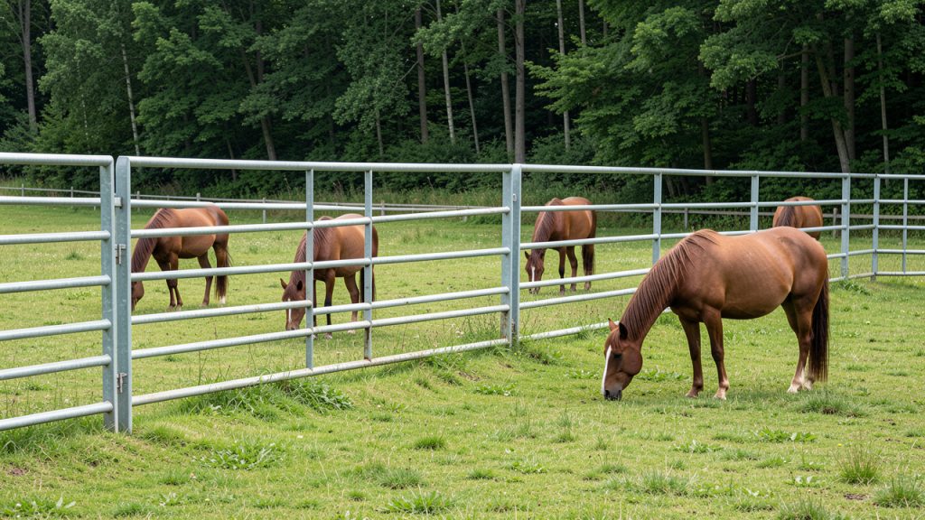 Chevaux broutant dans un pré verdoyant bordé d’une clôture rigide galvanisée, avec une lisière de forêt en arrière-plan sous une lumière naturelle.