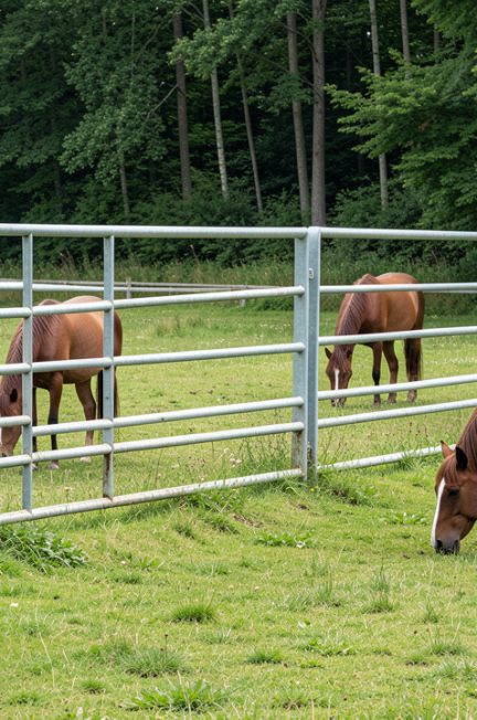 Chevaux broutant dans un pré verdoyant bordé d’une clôture rigide galvanisée, avec une lisière de forêt en arrière-plan sous une lumière naturelle.