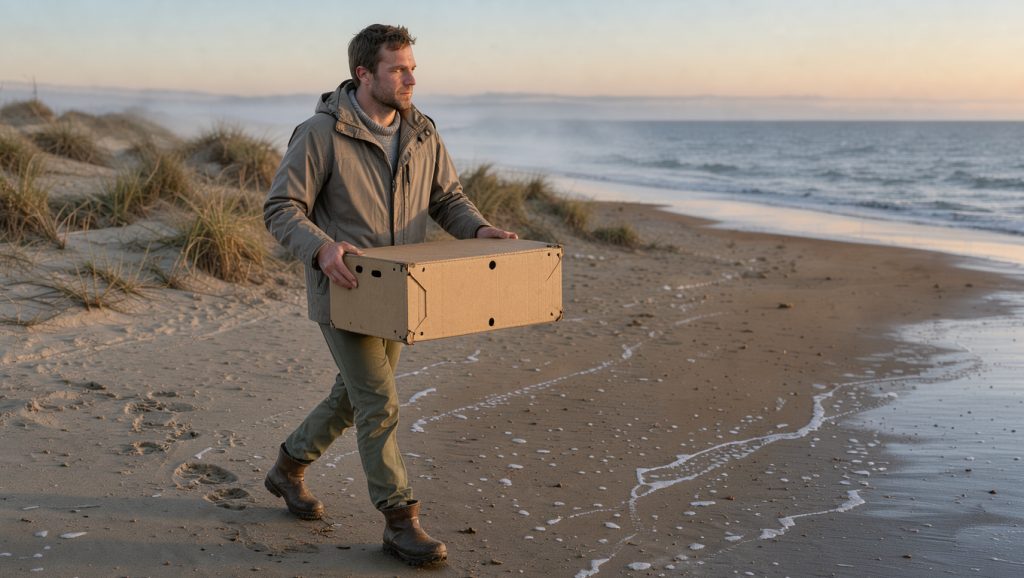 Un soigneur en tenue discrète transporte avec précaution un carton ventilé sur une plage calme de Loire-Atlantique au petit matin, avec les dunes et la mer en arrière-plan.