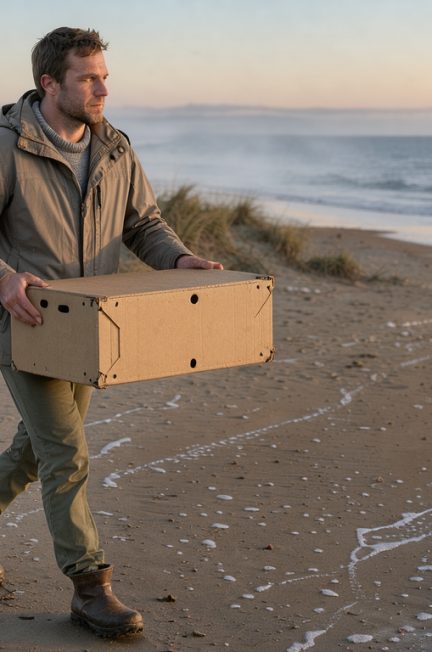 Un soigneur en tenue discrète transporte avec précaution un carton ventilé sur une plage calme de Loire-Atlantique au petit matin, avec les dunes et la mer en arrière-plan.